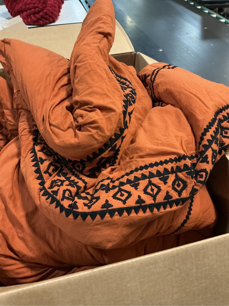 Condition photo showing Good Condition for mairêve embroidery comforter set, boho farmhouse western bedding set, all season bed in a bag comforter set with sheets, pillowcases & shams, burnt orange california king 7 pieces burnt orange california king(104"*96")