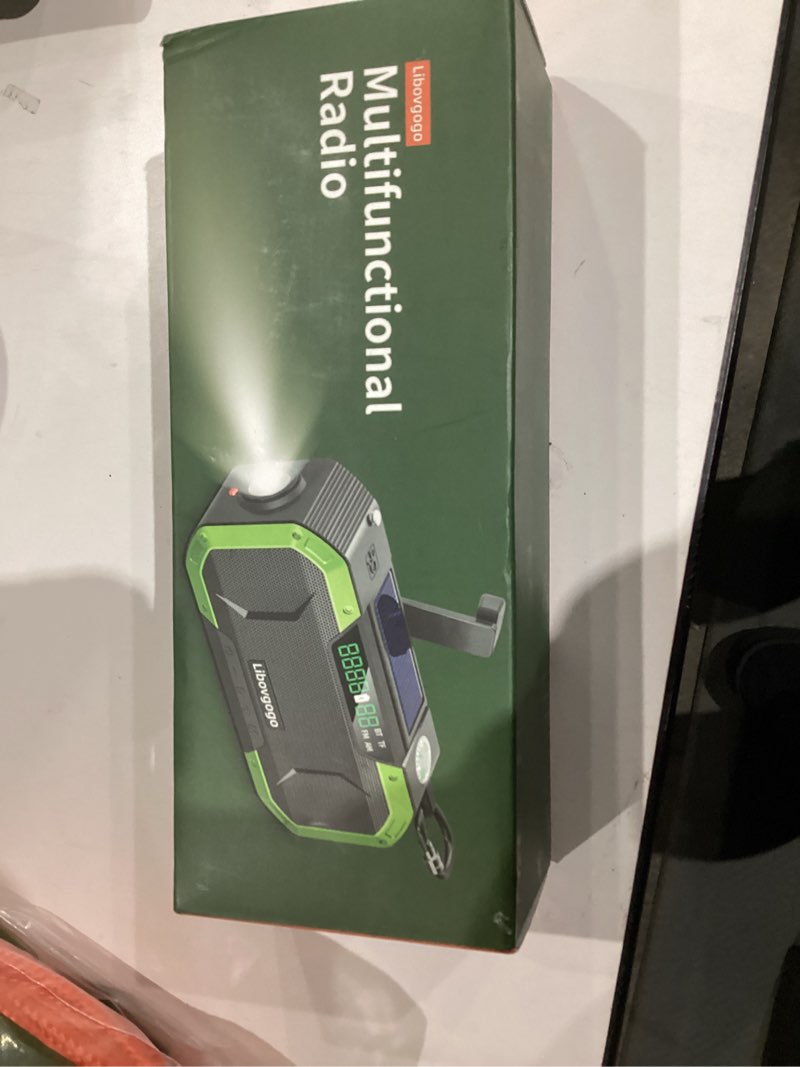 Condition photo showing New/Like New for emergency radio waterproof bluetooth speaker,portable am fm radio with flashlight,reading lamp,hand crank noaa weather radio with solar panel,5000mah/18500mwh cell phone charger,emergency survival kit black