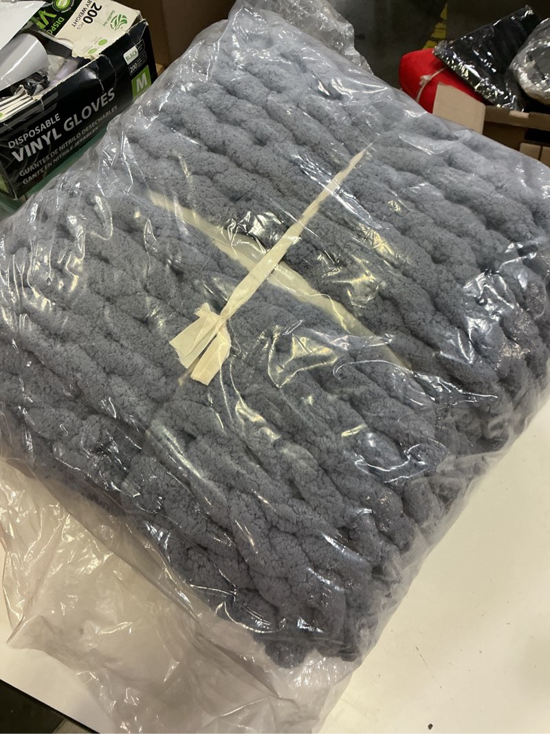 Condition photo showing New/Like New for chunky knit chenille blanket, hand knitted jumbo throw, soft puffy bedspread, custom home gift 150x150cm color grey