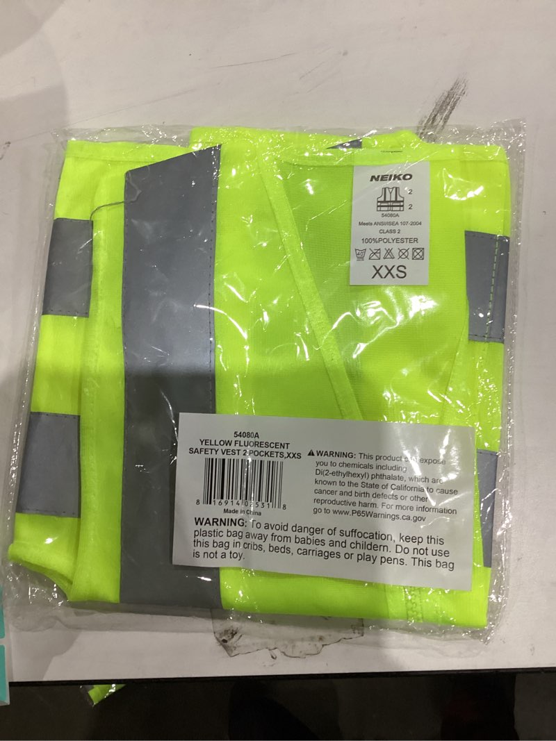 Condition photo showing New/Like New for Neiko High Visibility Safety Vest ANSI Class 2, 2 Pockets XX-Small Yellow