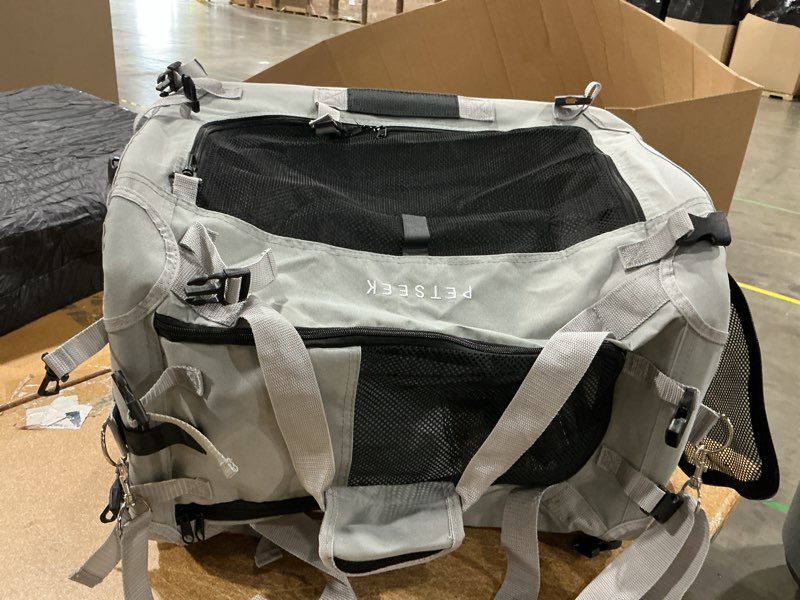 Condition photo showing As Is for extra large cat carrier soft sided, portable small dog carrier for 2 cats, 24\"x16.5\"x16\" car travel folding comfortable design with bowl, grey grey without curtain