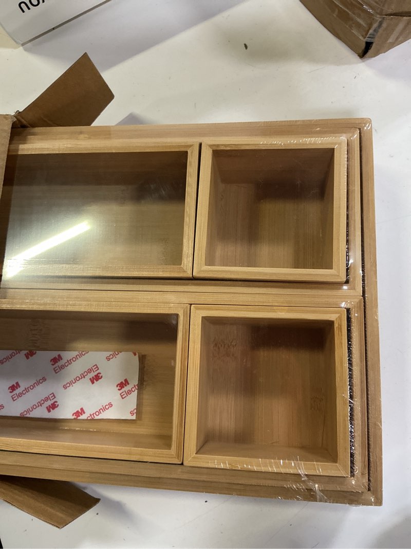 Condition photo showing New/Like New for grow forward bamboo drawer organizer boxes - set of 7 wooden drawer organizers for kitchen, bathroom, office, desk, vanity, makeup - non-slip junk drawer organizer trays for storage and organization 7-piece