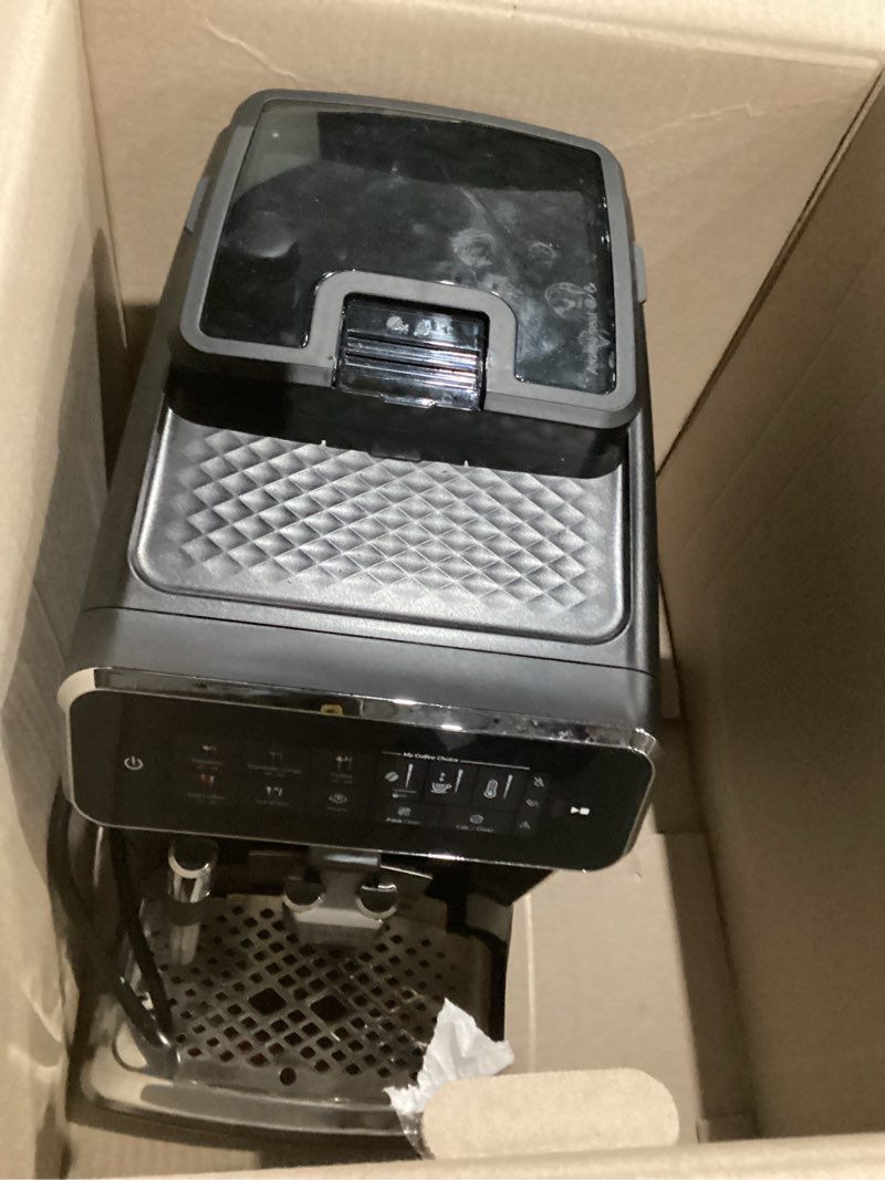 Condition photo showing As Is for Philips 3300 Series Fully Automatic Espresso Machine with integrated milk frother and grinder, 5 Hot & Iced Coffee Pre-Sets, 40% Quieter SilentBrew, 15-Bar Pressure, Glossy Black (EP3326/90) Black Chrome 9.7"D x 17"W x 14.6"H