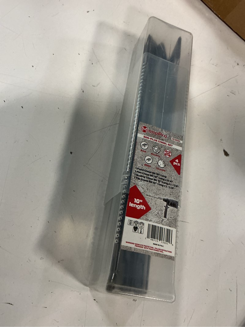 Condition photo showing New/Like New for sds plus masonry chisel set – 4-piece heavy-duty chisel bits for hammer drill – includes flat, pointed & tile chisel – concrete, tile removal tool