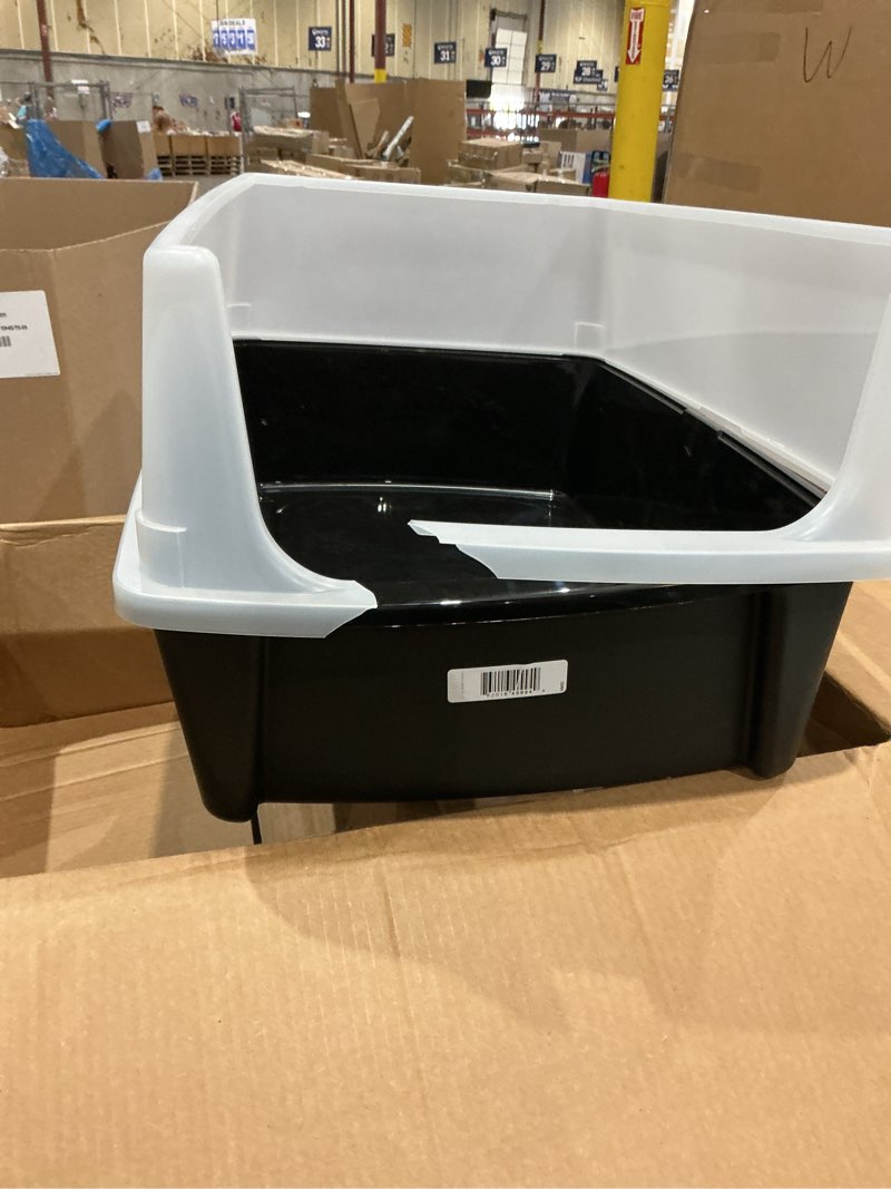 Condition photo showing As Is for large cat litter box with scoop, open top cat litter pan, black