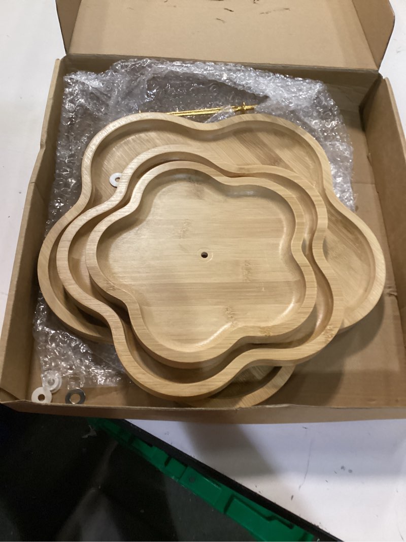 Condition photo showing As Is for DUJUST Elegant 3-Tier Wooden Cupcake Stand with Flower-Shaped Design, Rustic Bamboo Tiered Serving Tray for Cupcake, Desserts, Tea Party, Wedding, Farmhouse & Kitchen Decor, Easy to Install & Clean