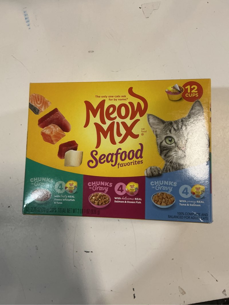 Condition photo showing New/Like New for meow mix seafood favorites chunks in gravy wet cat food variety pack, 2.75 ounce (pack of 12) (best by 07/02/2027)