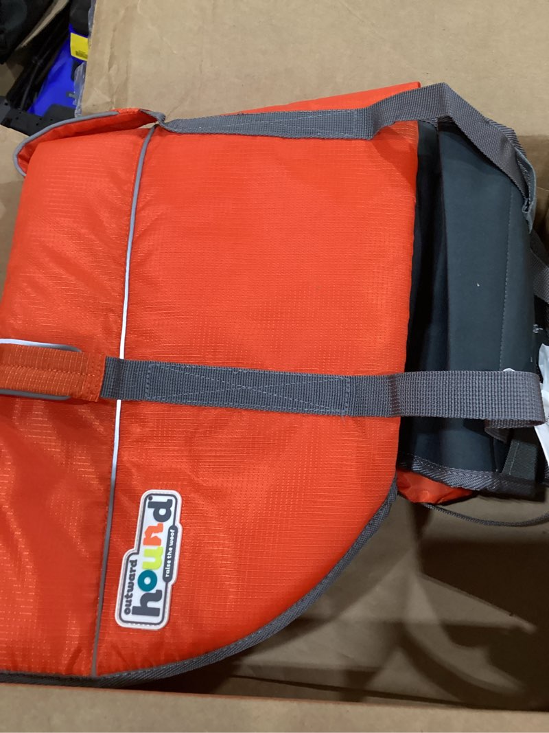 Condition photo showing As Is for outward hound granby splash orange dog life jacket, large orange large (chest girth: 28"-32")