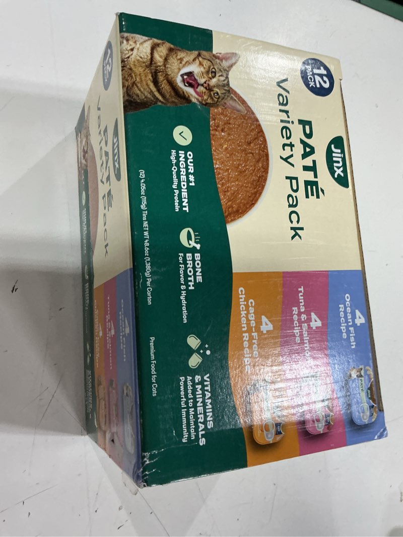Condition photo showing New/Like New for (bbd 11/15/28)  jinx paté variety pack wet cat food with cage-free chicken, ocean fish, tuna & salmon, 12 count