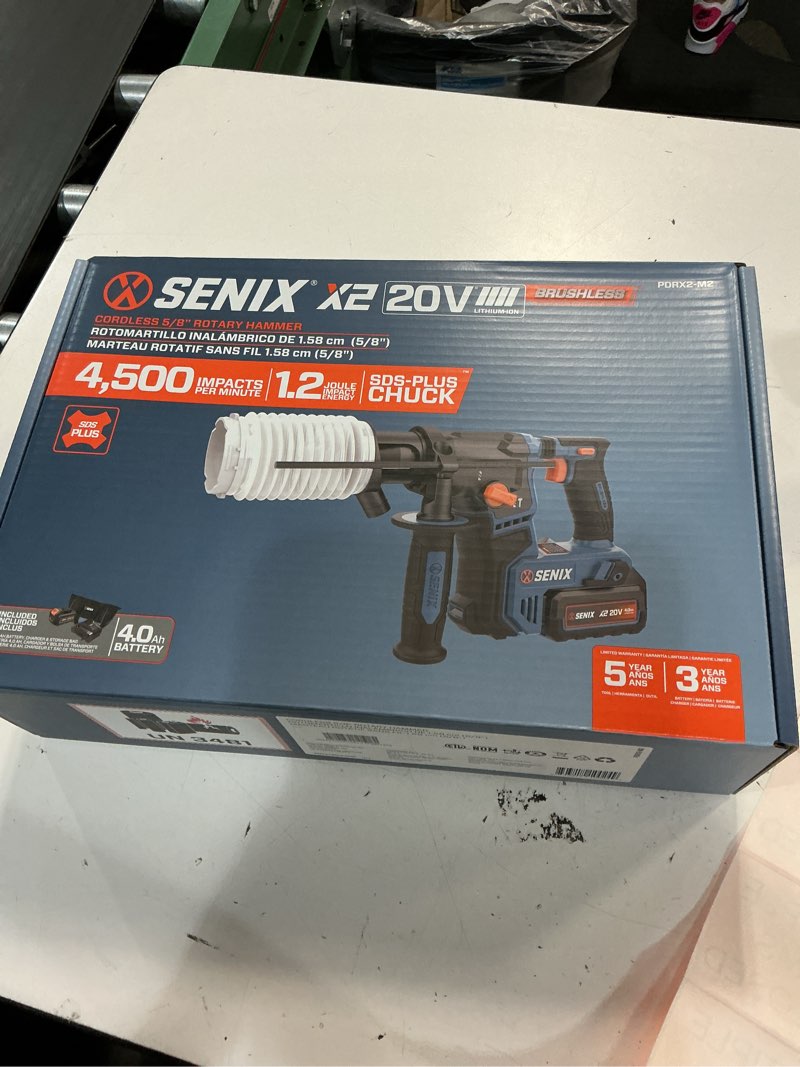 Condition photo showing New/Like New for senix 20 volt max* sds-plus cordless 5/8" rotary hammer drill with brushless motor, auxiliary handle, dual function, & vibration control, battery, charger, & storage bag included (pdrx2-m2)