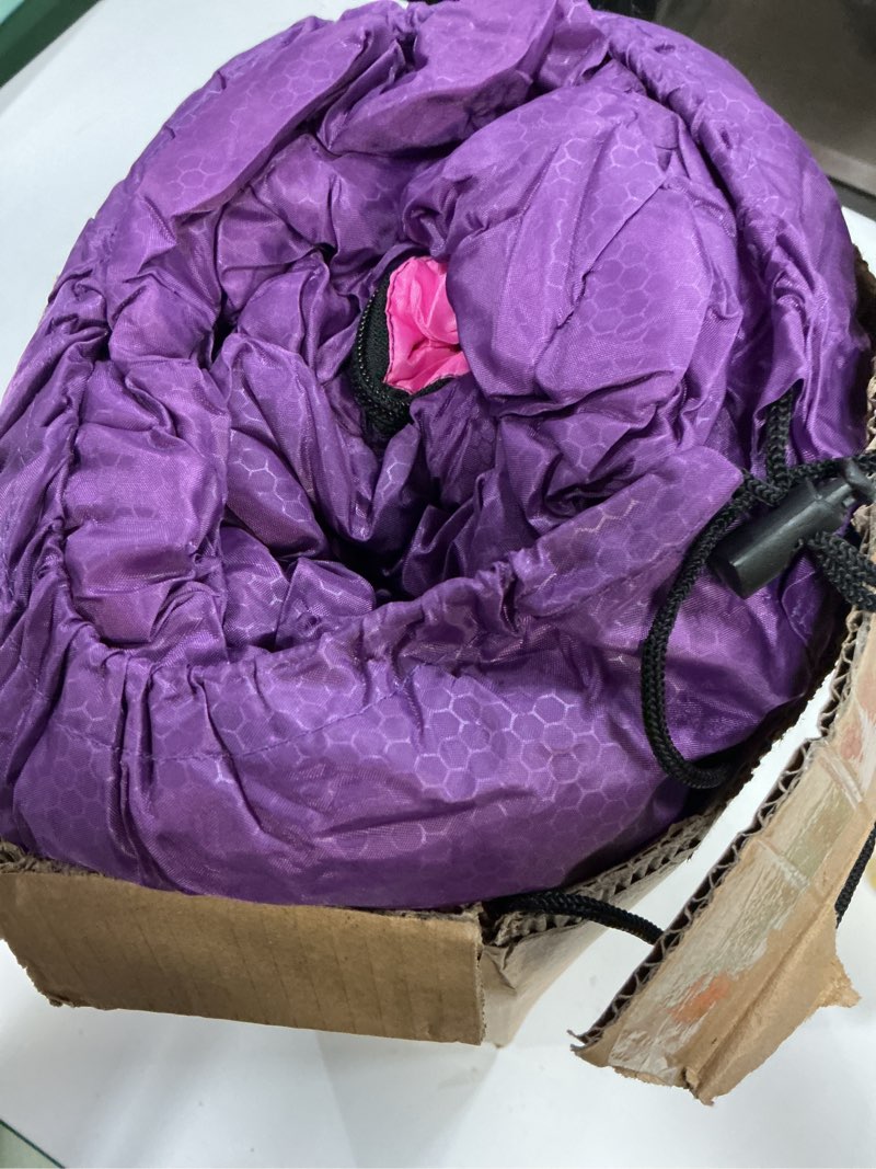 Condition photo showing As Is for SWTMERRY Sleeping Bag 3 Seasons (Summer, Spring, Fall) Warm & Cool Weather - Lightweight,Waterproof Indoor & Outdoor Use for Kids, Teens & Adults for Hiking and Camping Single Purple