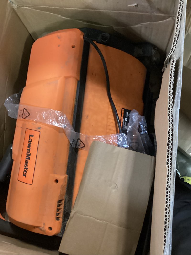 Condition photo showing As Is for lawnmaster gvb1316 electric 16” 13 amp dethatcher and scarifier with 12 gallon collection bag electric 16-inch