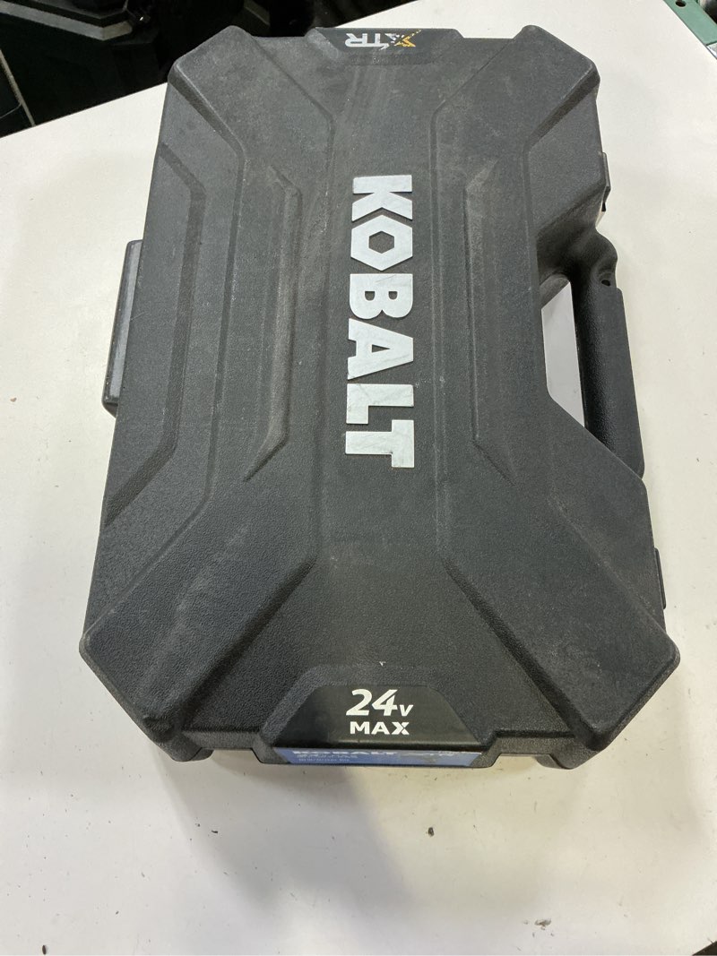 Condition photo showing As Is for kobalt xtr 24-volt 1/2-in keyless brushless cordless drill 1 -batteries included, and charger included