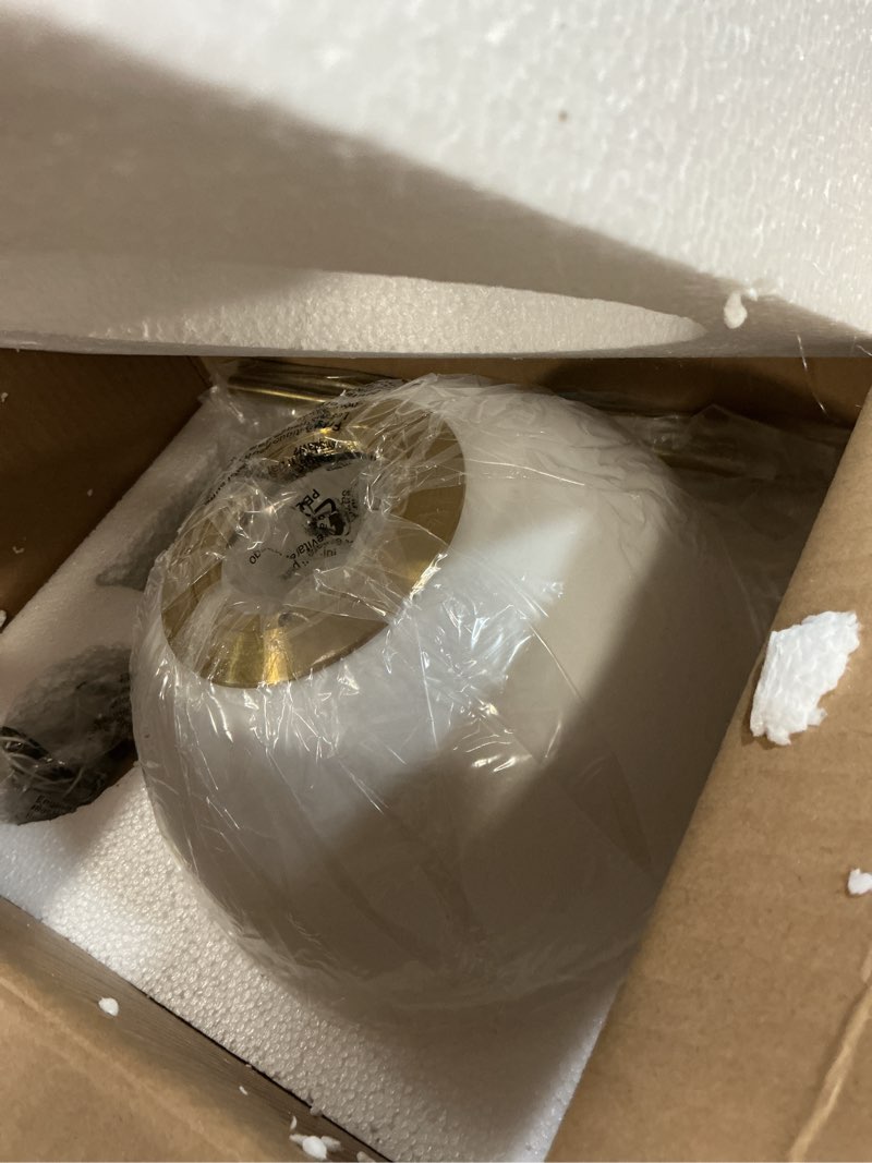 Condition photo showing Good Condition for lms 10 inch globe pendant lights, brushed gold mid century kitchen island light fixtures with white globe glass shade, adjustable hanging rod, dining room kitchen, lms-186pl-bgw-10