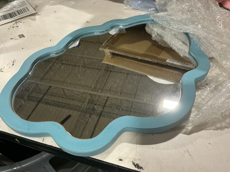 Condition photo showing New/Like New for small blue wall-mounted mirrors 12 x 16 inch, wood frame cloud teal mirror decor for living room hallway, wall hanging handmade distressed finish decorative cute nursery mirrors for wall boy