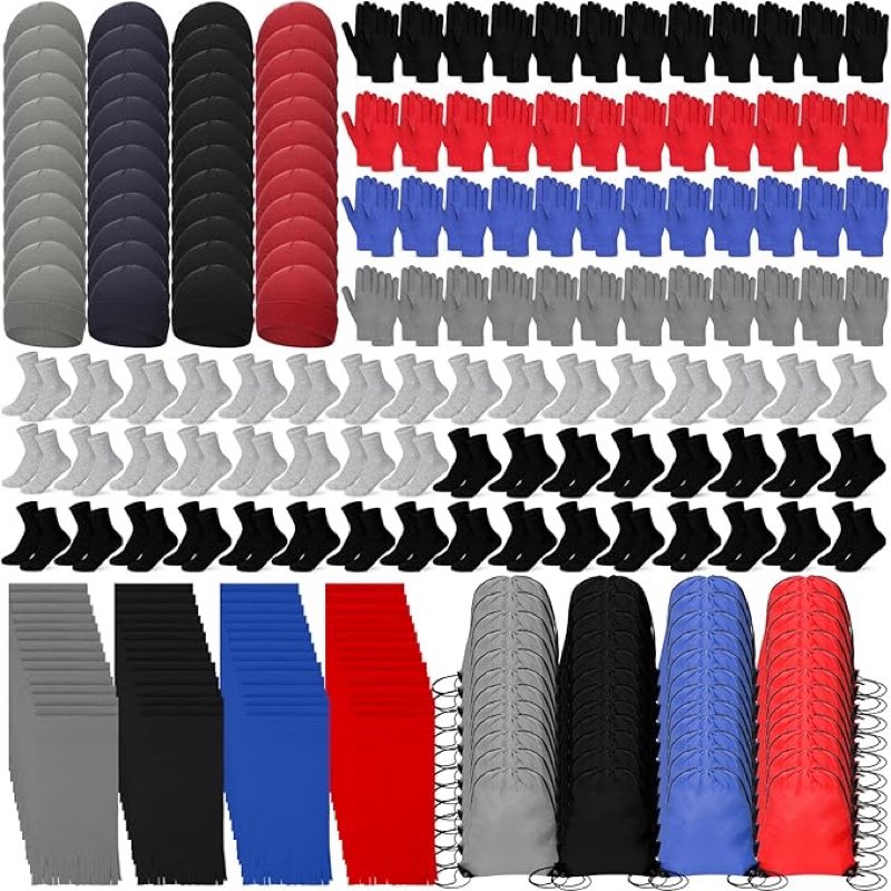 Liitrsh 240 Pcs Homeless Care Package Supplies Winter Beanie Hat Gloves Socks Scarves Polyester Drawstring Bags for Women Men