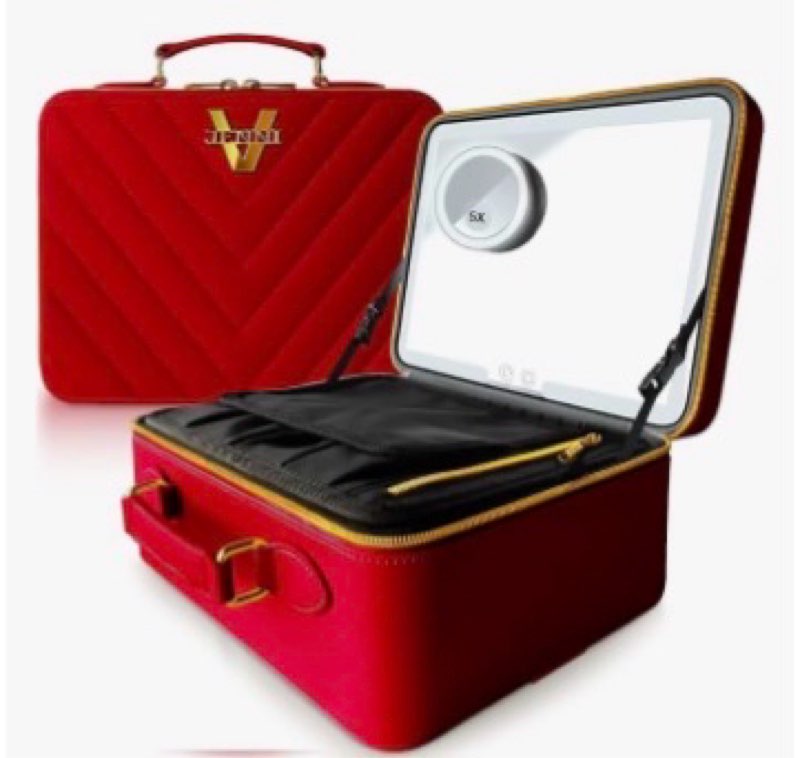 JENNI V Upscale PU Leather Makeup Bag with Light Up Mirror, 3 Brightness Settings, Adjustable Divide