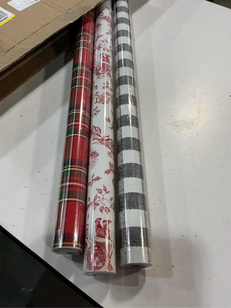 Condition photo showing New/Like New for hallmark christmas wrapping paper rolls, holiday plaid (3-pack: 120 sq. ft. ttl) red toile, black buffalo check, plaid for christmas, birthdays, weddings, crafts