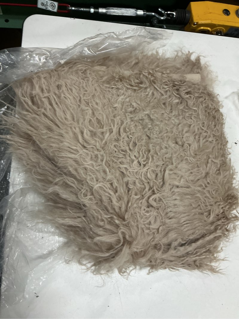Condition photo showing As Is for luxe mongolian lamb lumbar pillow cover, 12x20, khaki