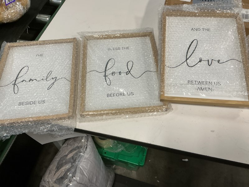 Condition photo showing Good Condition for heiple set of 3 framed farmhouse bless the food before us sign kitchen wall decor for dining room decor wall art wood signs (brown,11"x14") 11"x14" brown