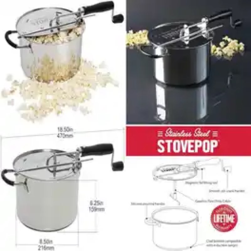 stovepop stainless steel popcorn popper - gearless hand crank, magnetic lid, 6 qt - induction range 