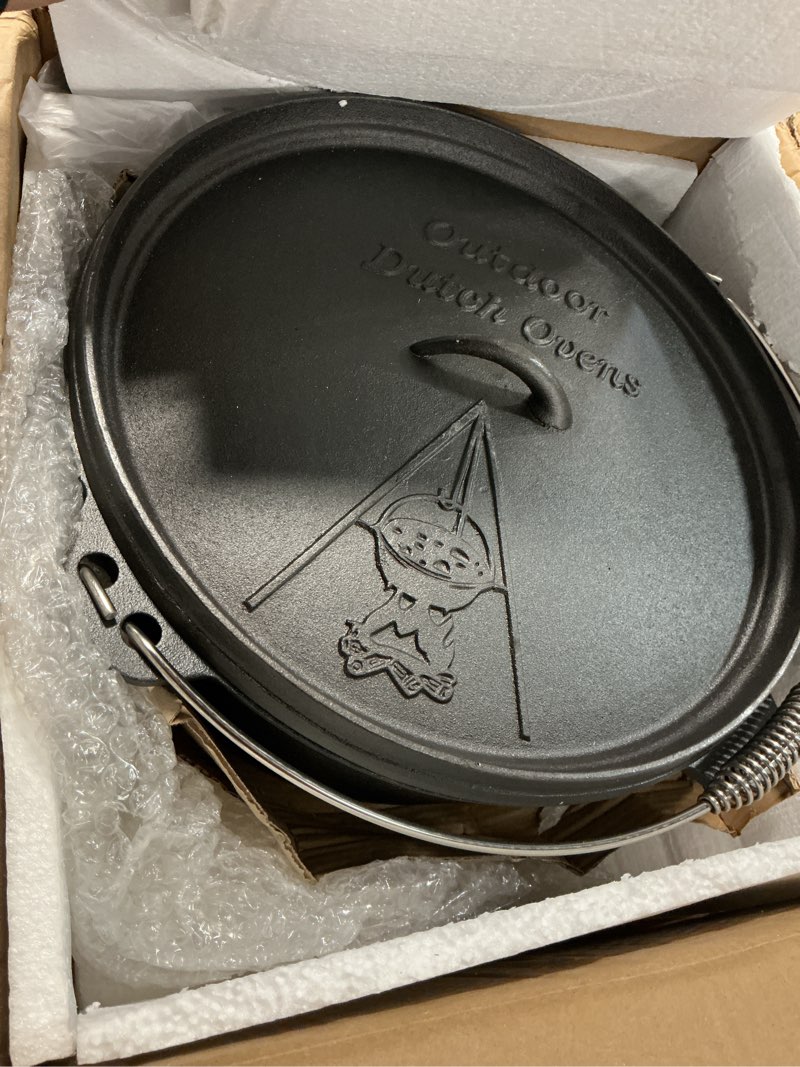 Condition photo showing Good Condition for Camping Dutch Oven,12 Qt Pre-Seasoned Cast Iron Camp Dutch Oven Pot with Lid - Lid Lifter, Cast Iron Dutch Oven with Metal Handle for Cooking BBQ Baking Campfire Modern Black