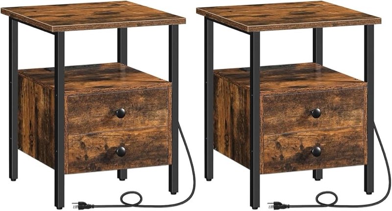  hoobro end table set of 2 with charging station, bedside table with 2 drawer & usb ports & type-c port, nightstand for small spaces, stable and sturdy, for living room, rustic brown bf43ubzp201