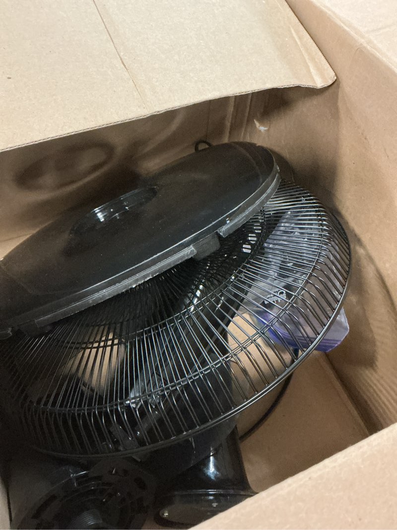 Condition photo showing As Is for simple deluxe 18? wall mount fan with remote control, 5 blades 3 speeds, 90° oscillating quiet fan for indoor, home, office and college dorm use, 1 pack 18 inch new