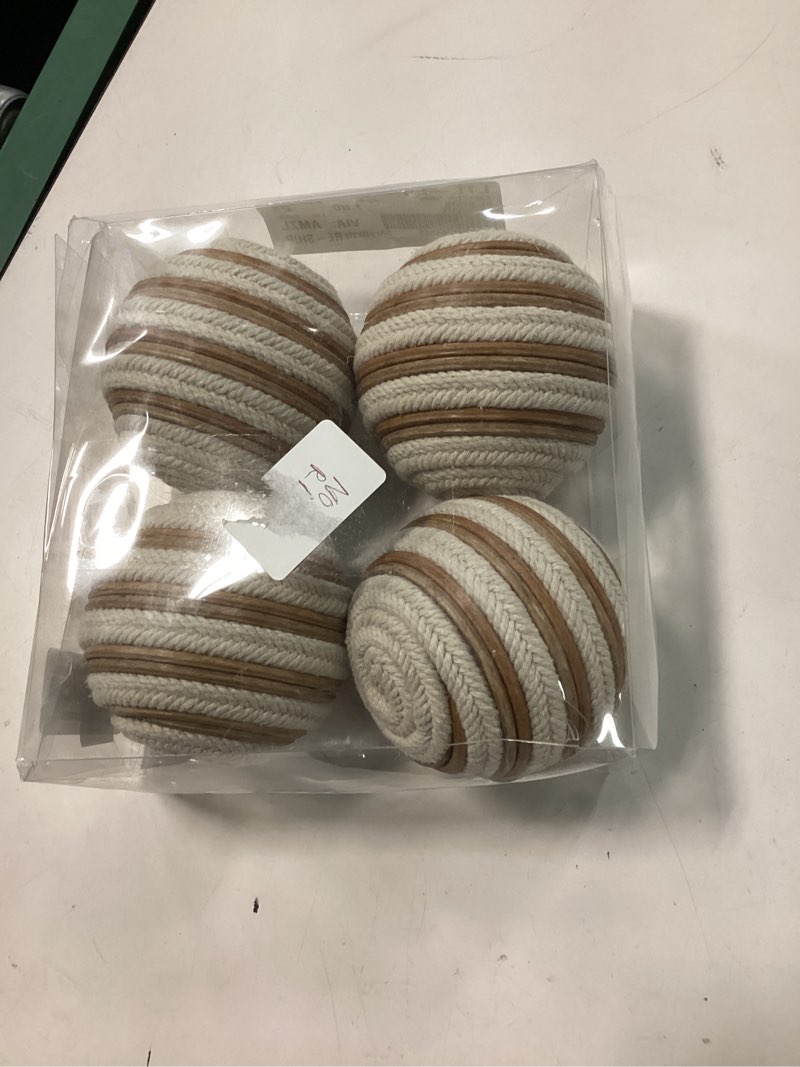 Condition photo showing New/Like New for deco 79 jute rope handmade decorative orbs & vase filler decorative ball decorative balls, set of 4 vase filler 4" d, white white 4"d