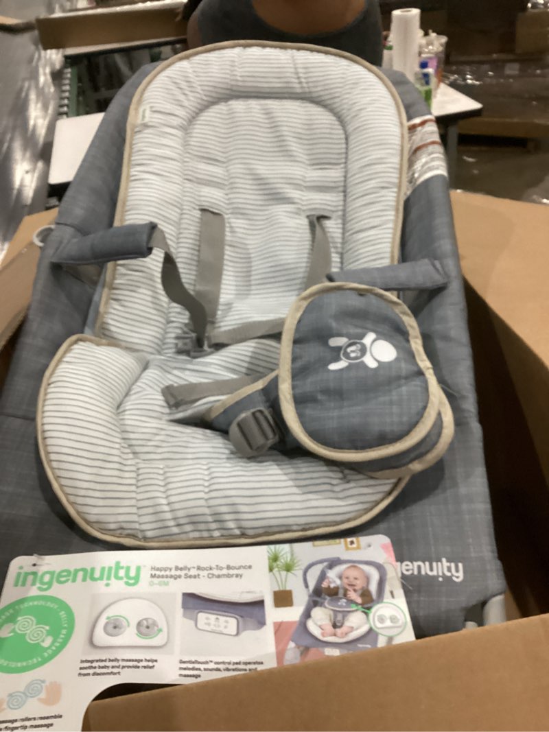 ingenuity gas relief and anti-colic baby bouncer seat and rocker, gentle belly massage to relax and soothe bellies, instant tummy soother, 20 songs and melodies – chambray blue