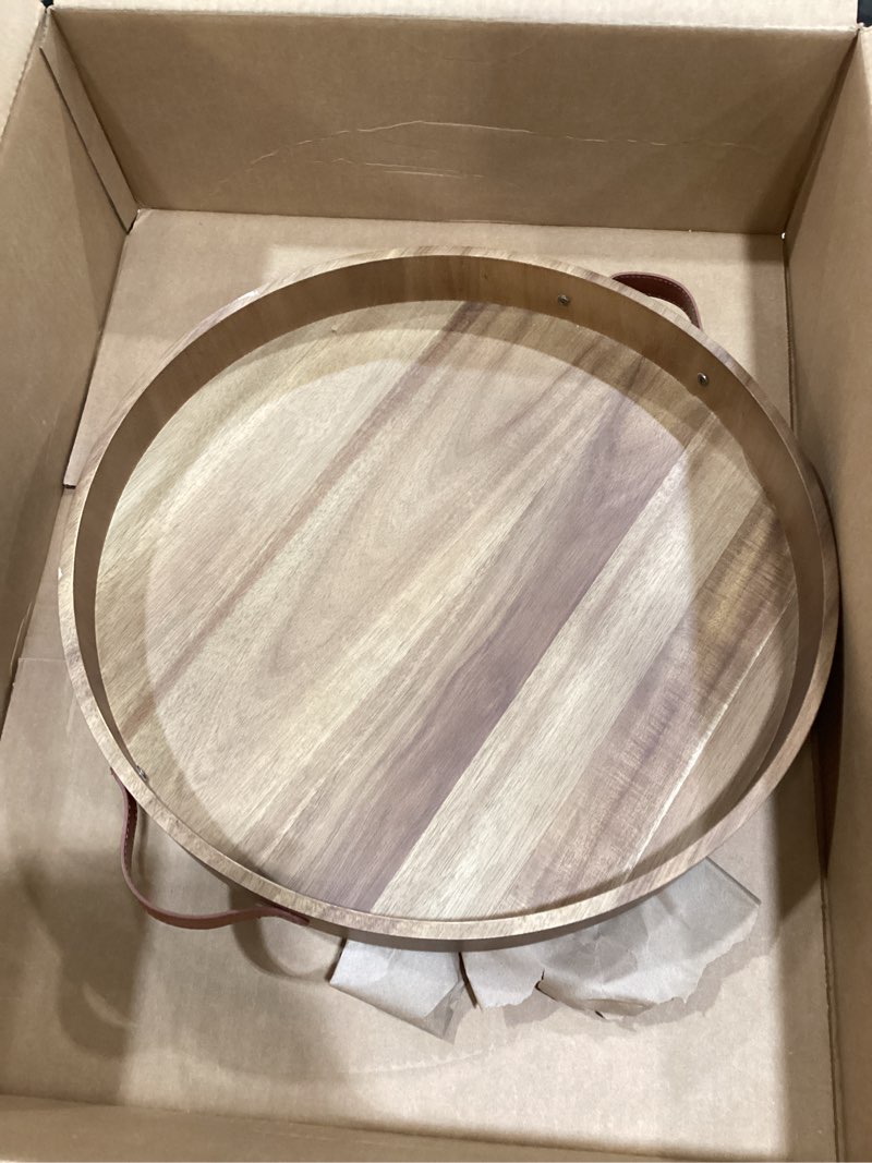 Condition photo showing Good Condition for ottoman tray round, 20" large ottoman tray with handles wooden ottoman trays for living room, decorative tray, wooden serving trays for food serving, breakfast, coffee, appetizers