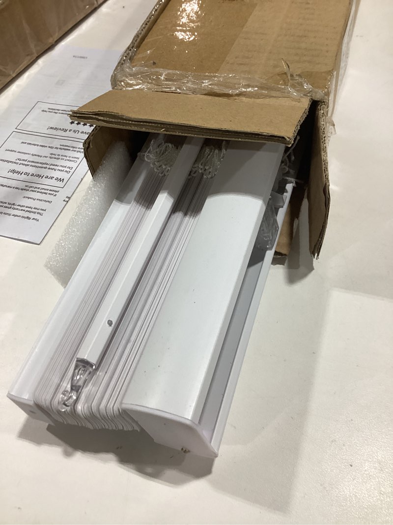 Condition photo showing As Is for chicology cordless mini blinds for indoor windows, 30" w x 72" h, white vinyl 1" slats with tilt wand, light filtering to room darkening, moisture-resistant, child-safe, screw-mount installation 30"w x 72"h white (commercial grade)