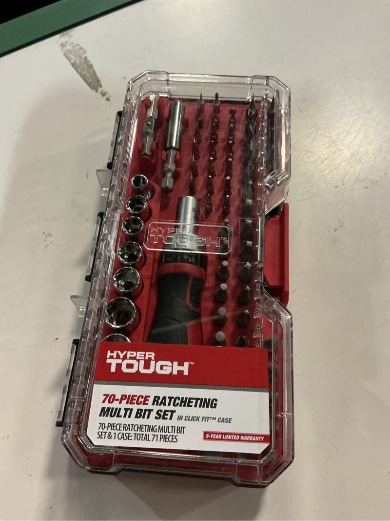Condition photo showing Good Condition for hyper tough 70-piece ratcheting handle with bits and sockets in click fit case