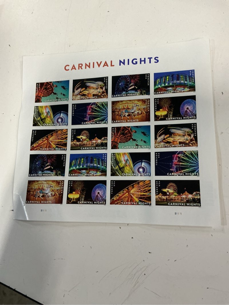 Condition photo showing New/Like New for carnival nights 2024 (sheet of 20) first-class mail forever postage stamps
