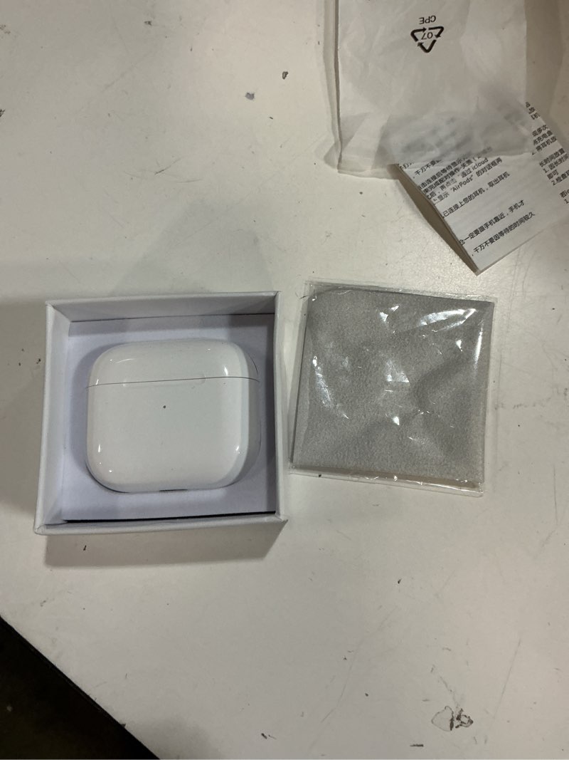 Condition photo showing New/Like New for wireless charging case compatible with airpods 3rd generation, case replacement for airpods 3, bluetooth pairing sync button, includes gray microfiber cleaning cloth, earbuds not included airpods 3 charging case+gray cloth