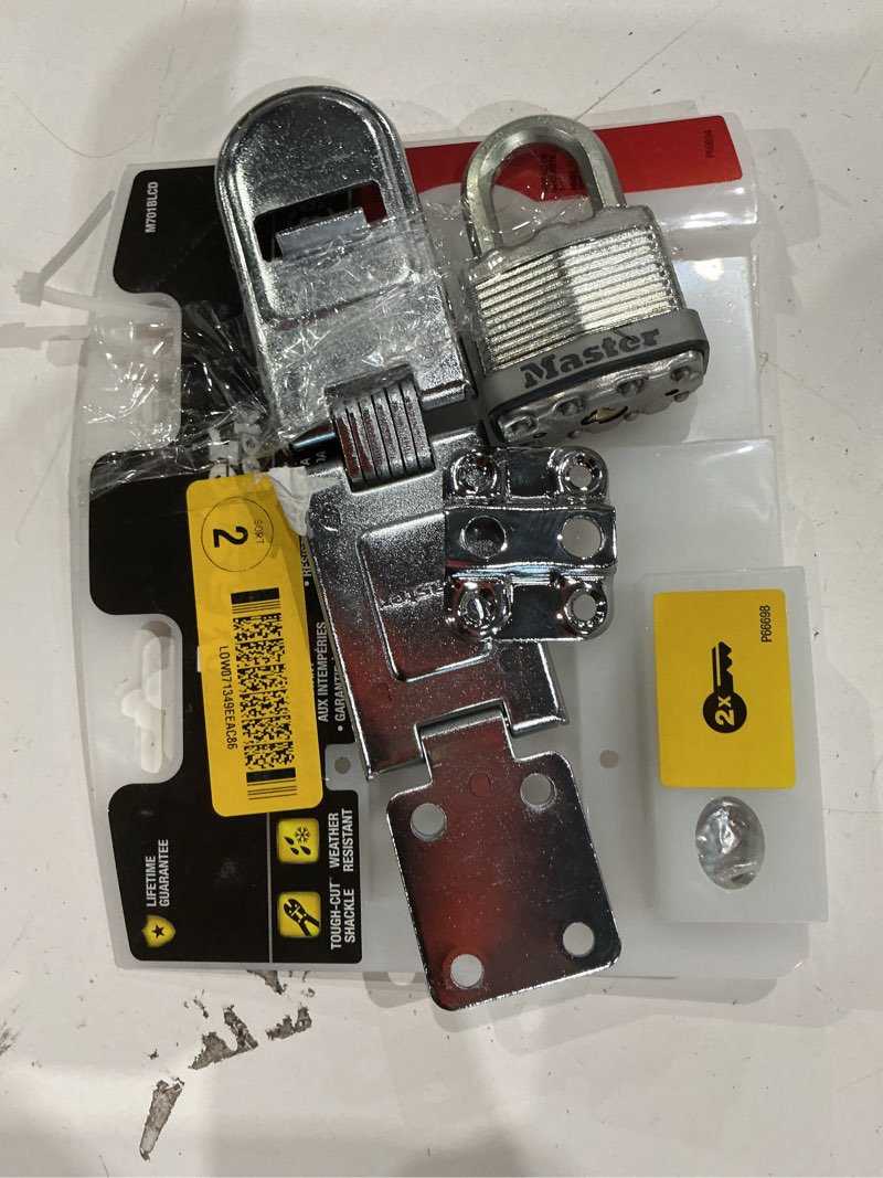 Condition photo showing As Is for master lock outdoor keyed padlock, 2-in wide x 1-in shackle