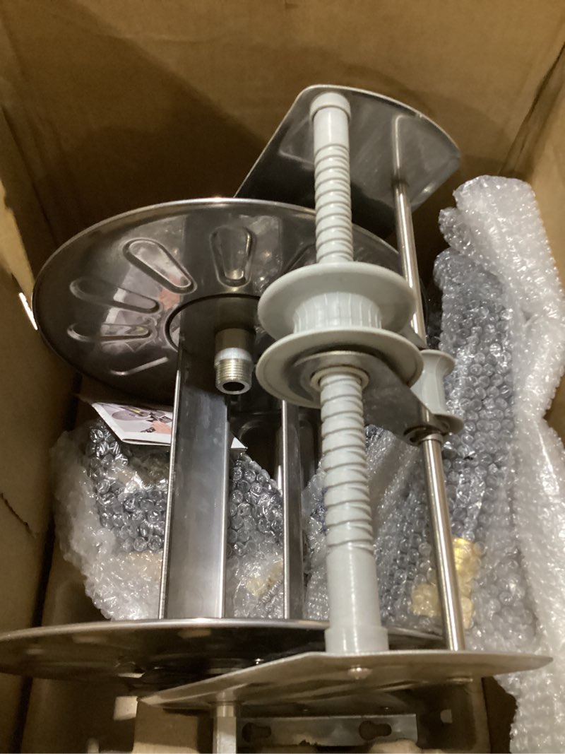Condition photo showing New/Like New for VEVOR Stainless Steel Garden Hose Reel Wall/Floor Mounted, Heavy Duty Manual Hose Winder Holds 150 ft 5/8 in Water Hoses, Outdoor Reel with Brass Fittings & 5 ft Leader Hose for Lawn, Yard, Garage