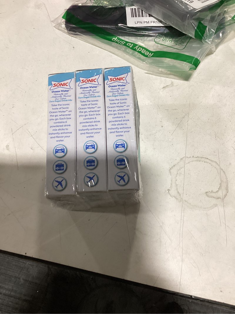 Condition photo showing As Is for sonic singles to go powdered drink mix, ocean water, 6 sticks per box, 3 boxes included (18 sticks t
