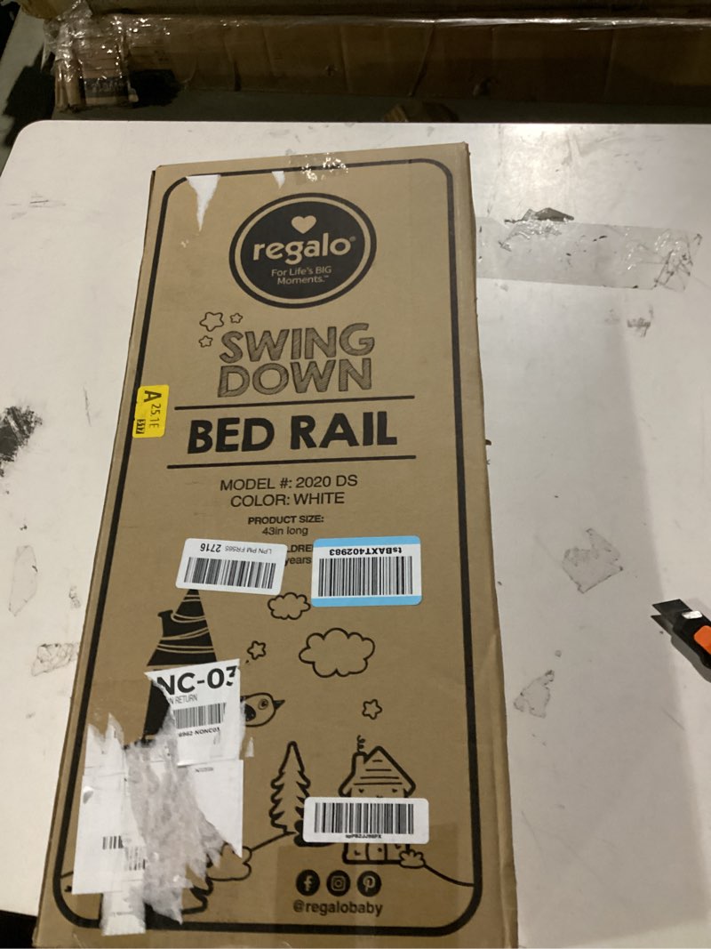 Condition photo showing Good Condition for regalo safety swing down bed rail guard for toddlers, bed safety rail with patented gap guard, fits twin, full & queen mattress, white, tested & safe for 30 years, american designed, family owned 43 inch