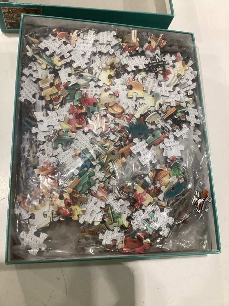 Condition photo showing As Is for coffee and bakery jigsaw puzzles for adults 1000 pieces, 1000 piece puzzles | 1000 piece puzzle for adults, cardboard, fun & relaxing puzzles for stress relief, 28"x20" adult puzzle with letters on back