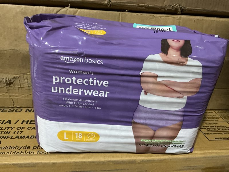 Condition photo showing New/Like New for amazon basics postpartum incontinence underwear for women, maximum absorbency with bladder leak protection, fresh protection, disposable, large, lavender, 18 count large 18.0