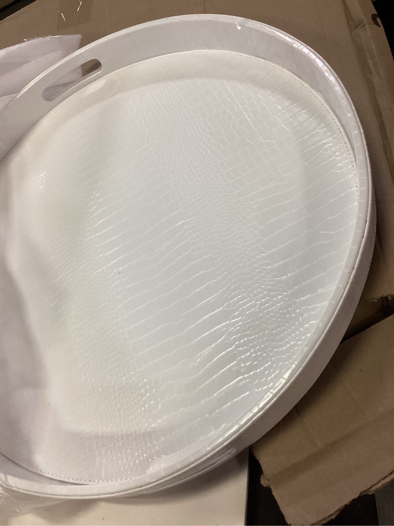 Condition photo showing Good Condition for HofferRuffer Extra Large Round Serving Tray, Elegant Faux Leather Circle Ottoman Table Tray with Handles, Serve Tea, Coffee or Breakfast in Bed, Diameter 23.6 x 2.4 inches Height (white)