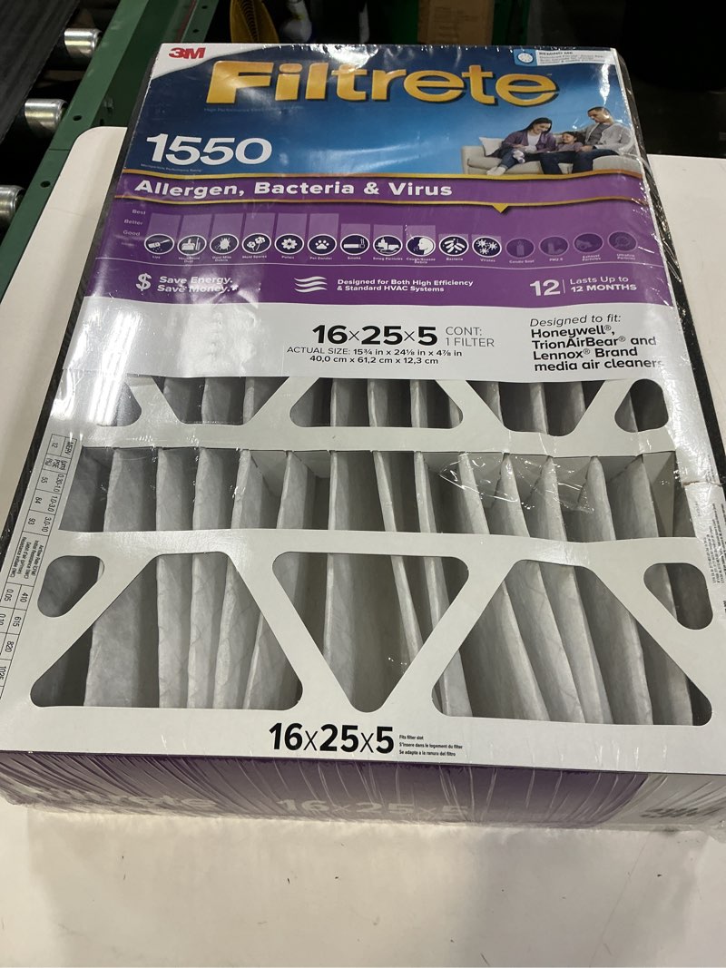 Condition photo showing New/Like New for filtrete 16x25x5 ac furnace air filter, mpr 1550, merv 12, fits honeywell & trion airbear, certified asthma & allergy friendly, electrostatic air filter, 1-pack (actual size 15.75 x 24.13 x 4.88) 15.8" x 24.1" x 4.9"