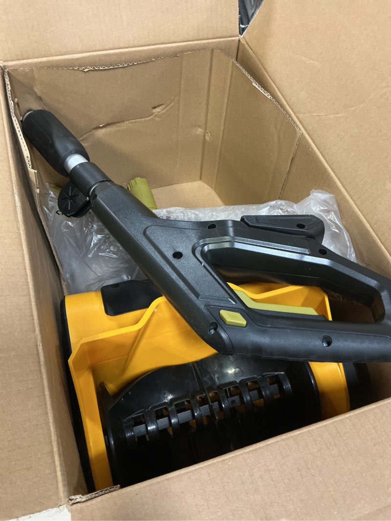Condition photo showing As Is for Cordless Snow Shovel Compatible with DeWalt 20V Battery, 12" Electric Snow Blower with 20FT Max Throw & Adjustable Handle & Safety Switch, Snow Thrower for Driveway, Deck, Patio, Steps (NO Battery) Yellow