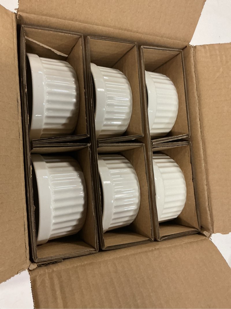Condition photo showing Good Condition for LE TAUCI Ramekins 6 OZ, Ceramic Souffle Dishes, Oven Safe Custard Cups for Baking, Creme Brulee, Pudding, Dessert, Microwave & Dishwasher Safe, Set of 6, White 6 OZ White
