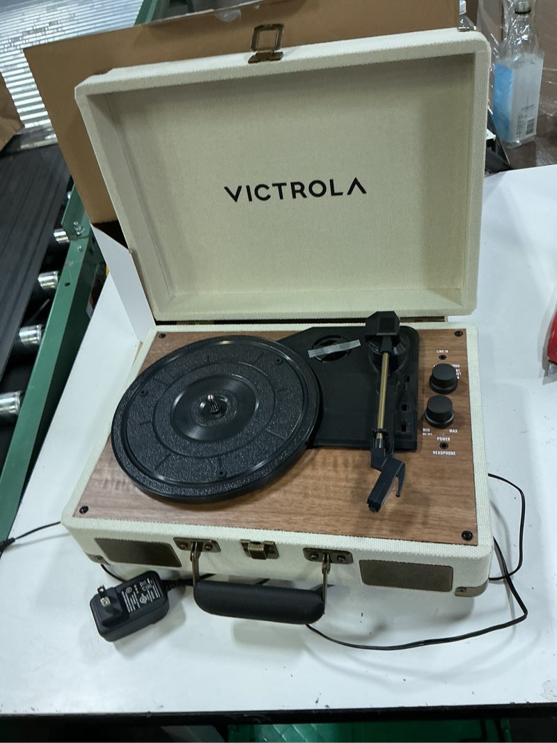 Condition photo showing As Is for victrola venture bluetooth portable mid-century modern suitcase record player with 3-speed turntable & built-in speakers | oak