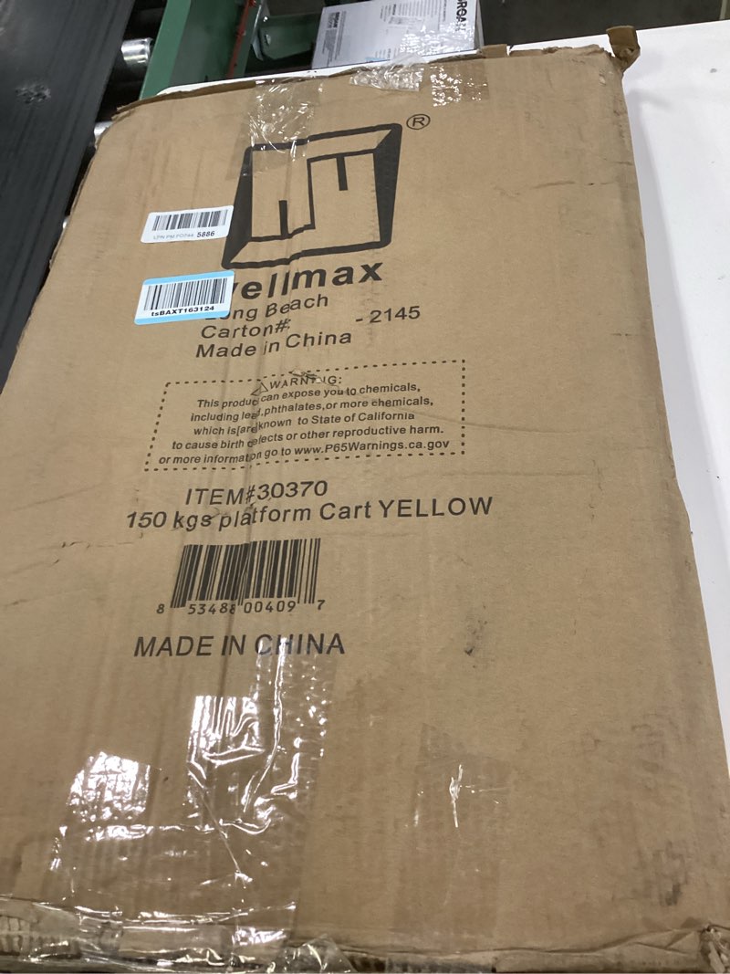 Condition photo showing New/Like New for push cart dolly by wellmax, moving platform hand truck, foldable for easy storage and 360 degree swivel wheels with 330lb weight capacity, yellow color 330 lbs yellow