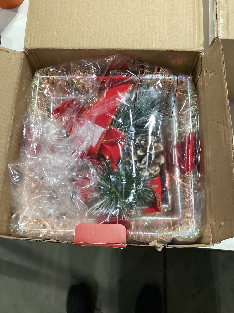 Condition photo showing As Is for Set of 3 Christmas Lighted Gift Boxes,Indoor Outdoor Christmas Decorations, 65 LED outdoor lighted holiday displays,Plug-in Light Up Presents Box for Indoor Christma tree Home Yard Lawn Decor Red - pine cones