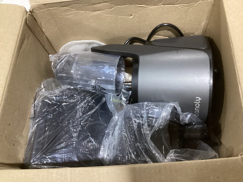 Condition photo showing As Is for canoly c16 cold press juicer, 6" extra wide feed chute, 3-in-1 strainers (juice & sorbet & nut milk), powerful ac brushless motor, self precut system, juicer machines with bpa-free (space gray)