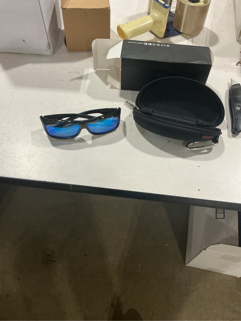 Condition photo showing Good Condition for duco polarized fitover sunglasses uv400 protection & hd for unisex 8954 | lightweight(26g) tr90 frame, clear view, lenses stay put, anti-fog, non-slip, comfort, for driving, fishing, cycling, hiking 02 black frame revo blue lens